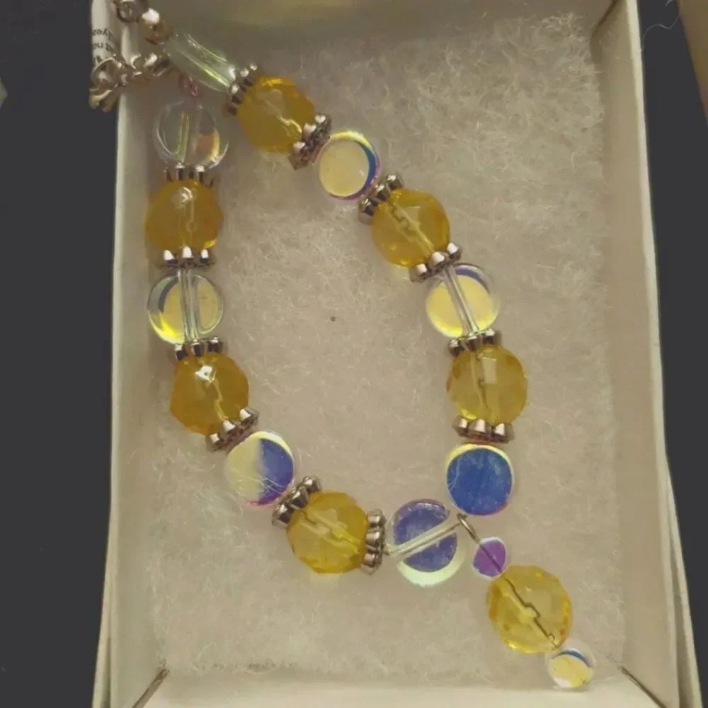 Handmade Bracelet Glass Yellow & Iridescent Beads